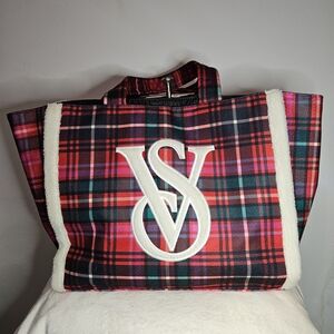 Plaid Tote Bag with Monogram Accent - Red/Pink/Green